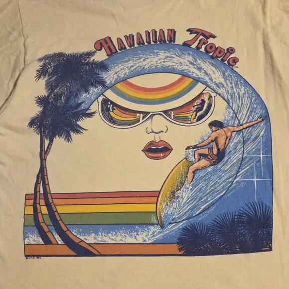 VTG 80s Hawaiian Tropic Sun Surfing Tanning Hobie Surf T Shirt USA Size M 1982 - Picture 5 of 9